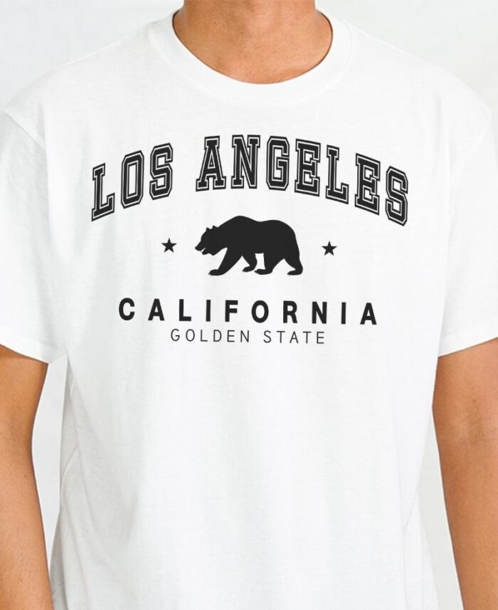 Los Angeles Men’s White T-Shirt – Grizzly Bear And Golden State