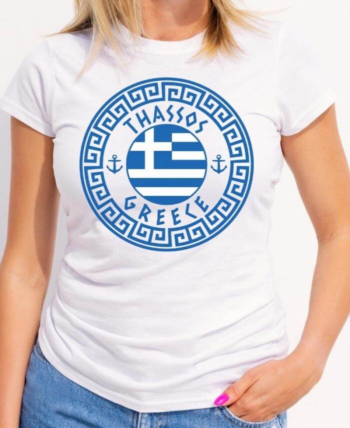 Thassos Women’s White T-Shirt – Greece Flag And Greek Circle Design