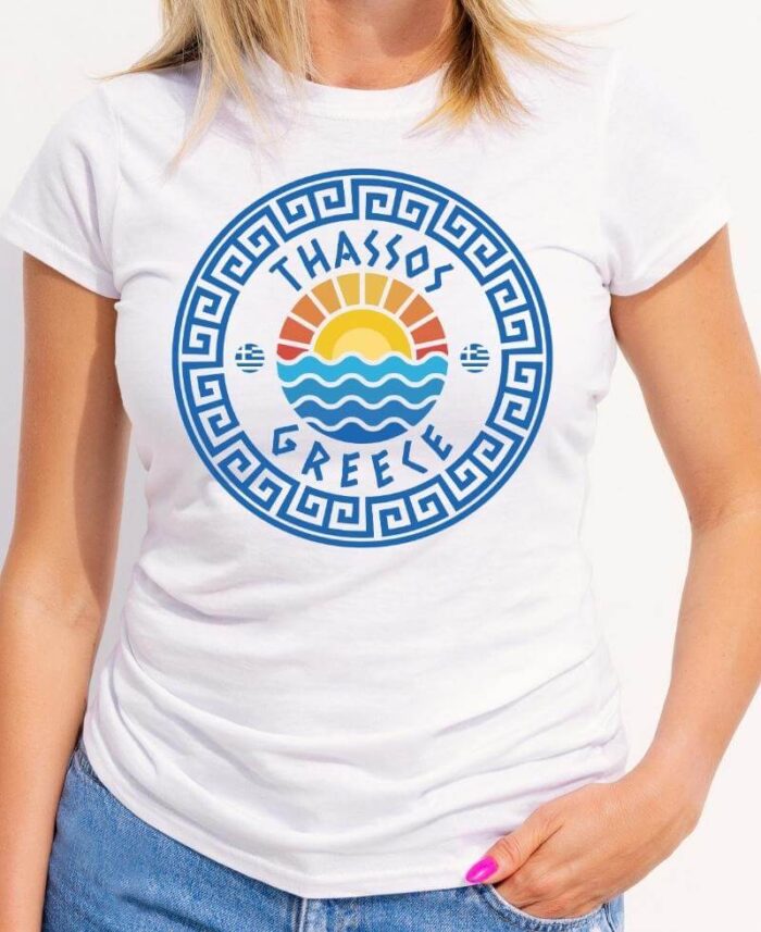 Thassos Women’s White T-Shirt – Sun And Sea Round Design