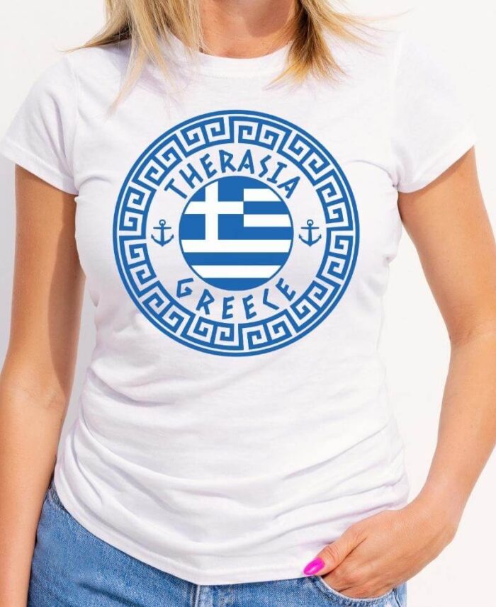 Therasia Women’s White T-Shirt – Greece Flag And Greek Circle Design