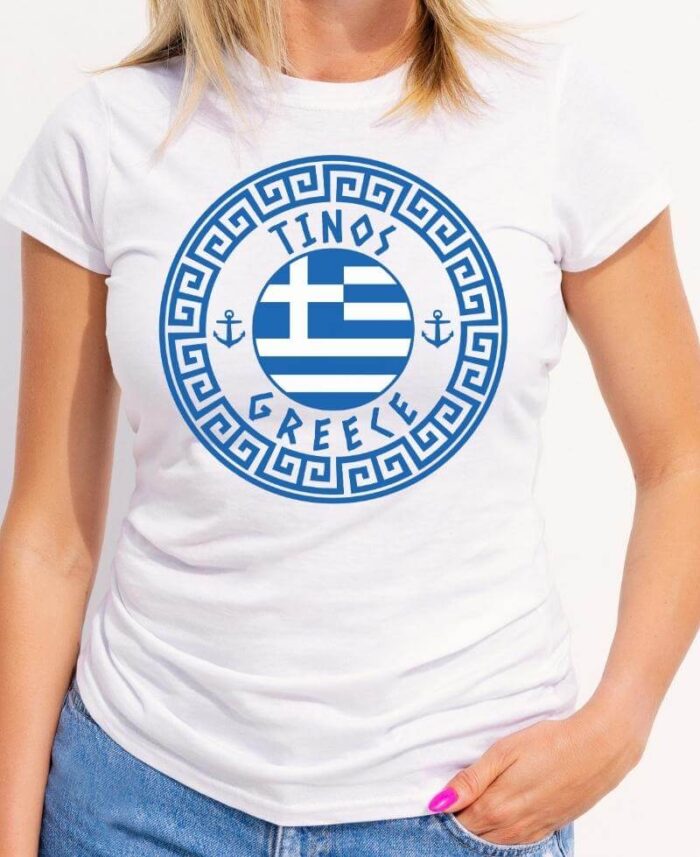 Tinos Women’s White T-Shirt – Greece Flag And Greek Circle Design